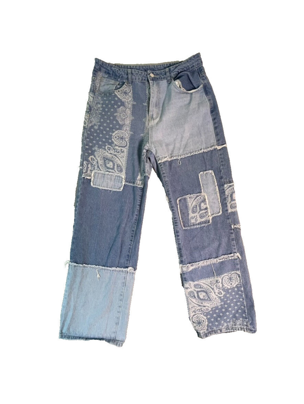 SHEIN Patchwork Wide Leg Jeans Womens L Blue Paisley Y2K Boho Baggy Denim Skater